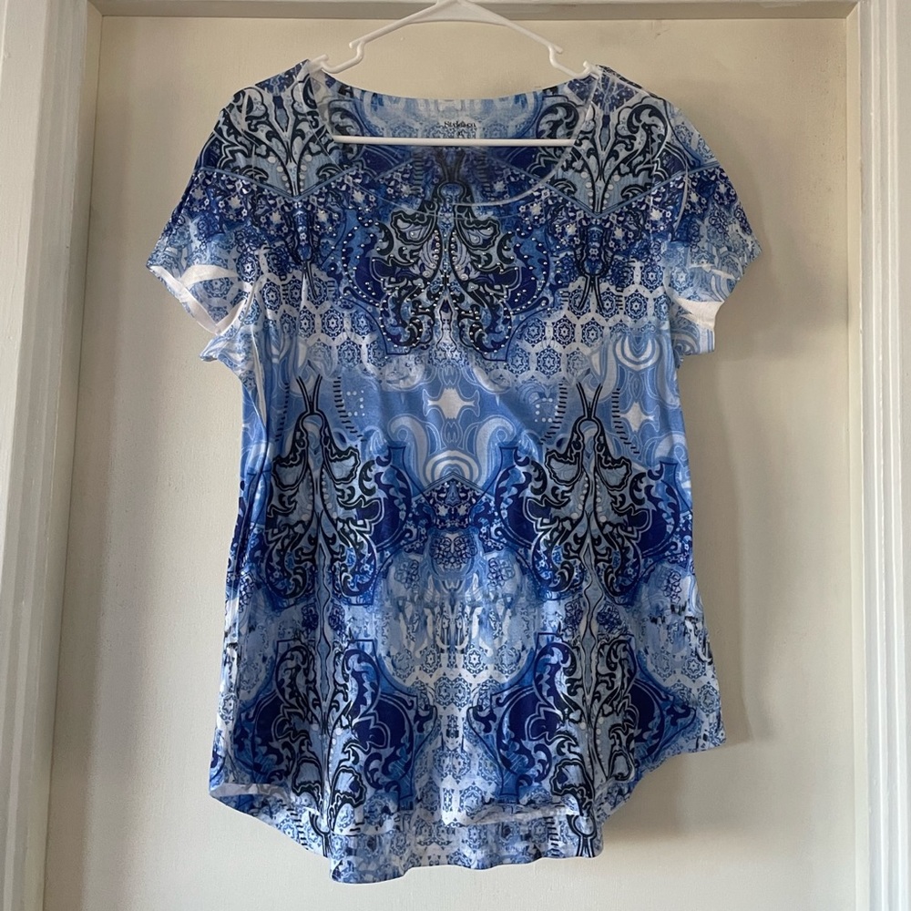 Style & Co. blue shirt with gem designs. Size: XL
